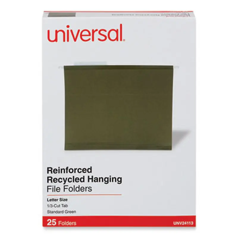 Deluxe Reinforced Recycled Hanging File Folders, Letter Size, 1/3-Cut Tabs, Standard Green, 25/Box - Hanging File Folders | Universal