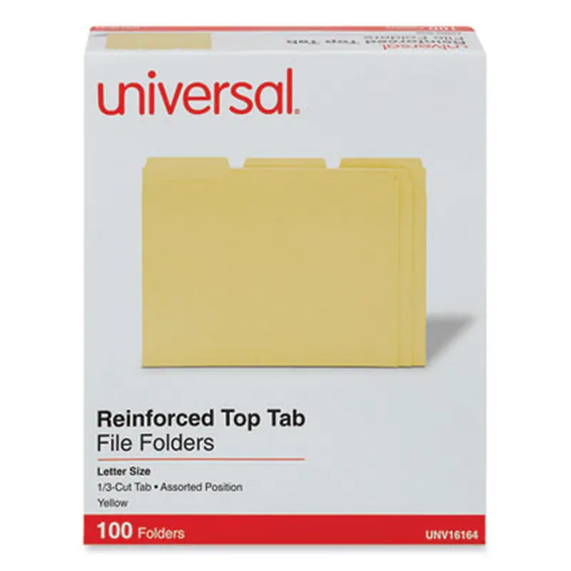 Reinforced Top-Tab File Folders, 1/3-Cut Tabs: Assorted, Letter Size, 1" Expansion, Yellow, 100/Box - File Folders | Universal