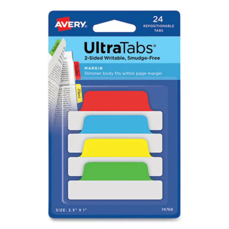 Ultra Tabs Repositionable Tabs, Margin Tabs: 2.5" x 1", 1/5-Cut, Assorted Colors, 24/Pack - File Inserts/Tabs | Avery