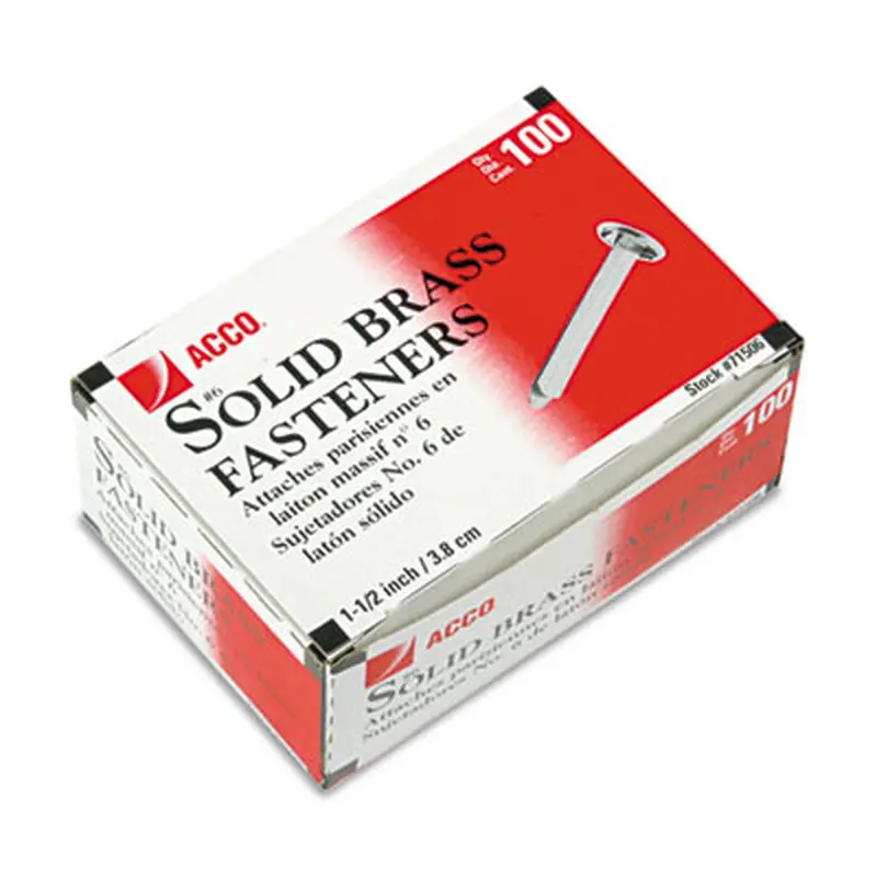 #6 Brass Prong Paper Fasteners, 1.5" Capacity, Brass, 100/Box - File Fasteners | ACCO