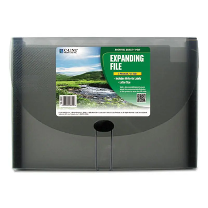 Expanding Files, 1.63" Expansion, 7 Sections, Cord/Hook Closure, 1/6-Cut Tabs, Letter Size, Smoke - File Jackets/Sleeves/Wallets | C-Line