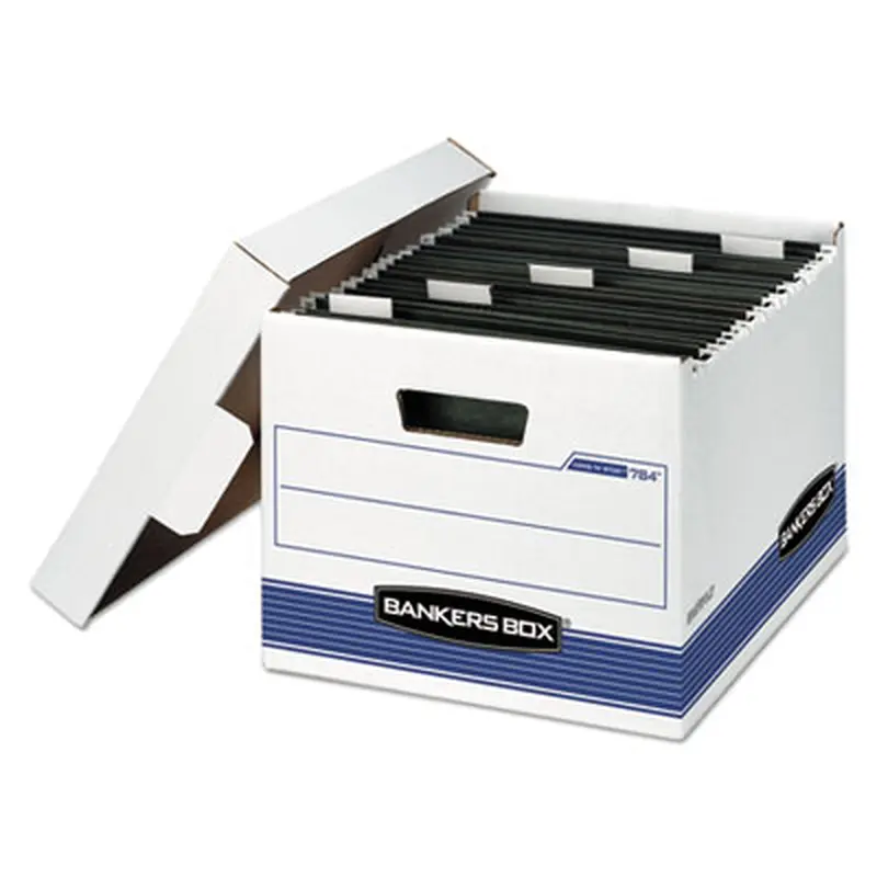 HANG'N'STOR Medium-Duty Storage Boxes, Letter Files, 12.63" x 15.63" x 10", White/Blue, 4/Carton - File Boxes | Bankers Box