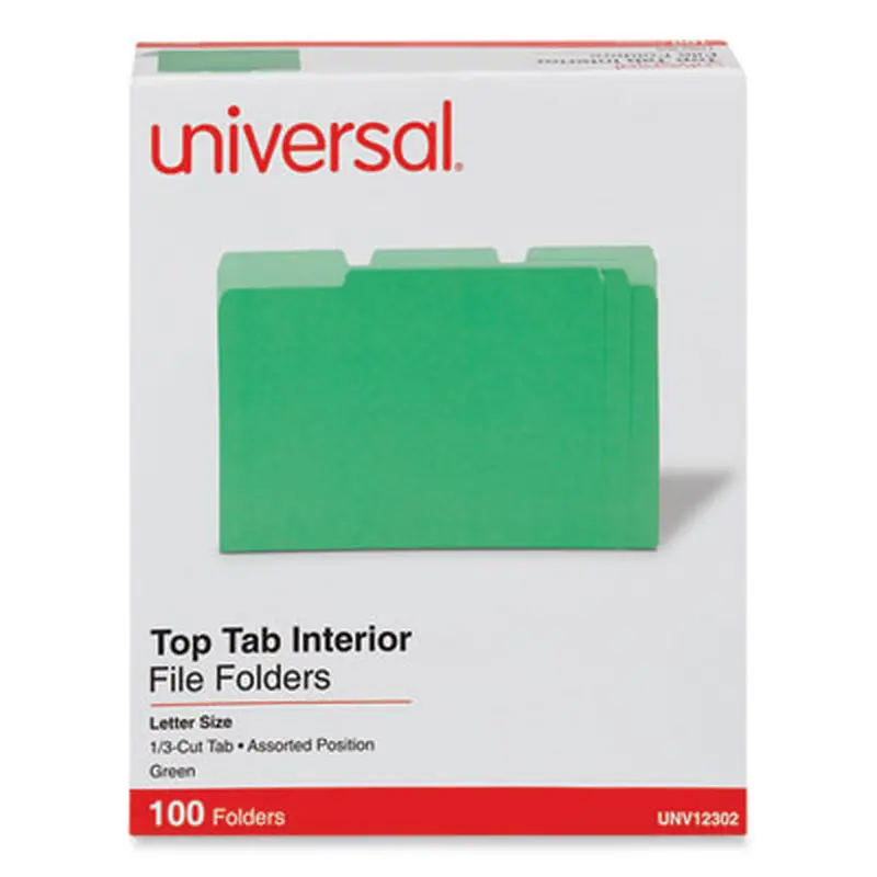 Interior File Folders, 1/3-Cut Tabs: Assorted, Letter Size, 11-pt Stock, Green, 100/Box - File Folders | Universal