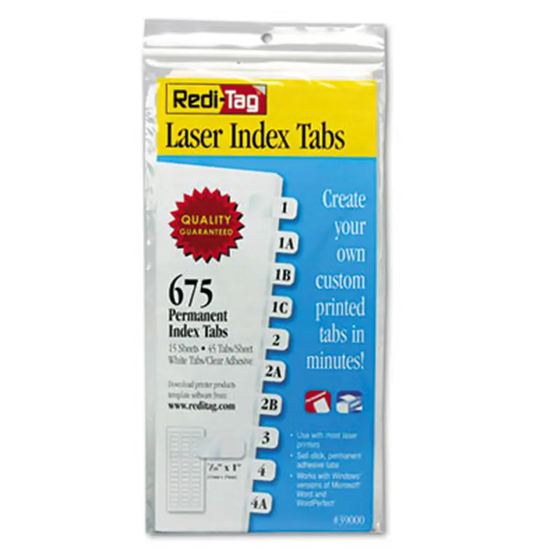 Laser Printable Index Tabs, 1/12-Cut, White, 0.44" Wide, 675/Pack - File Inserts/Tabs | Redi-Tag