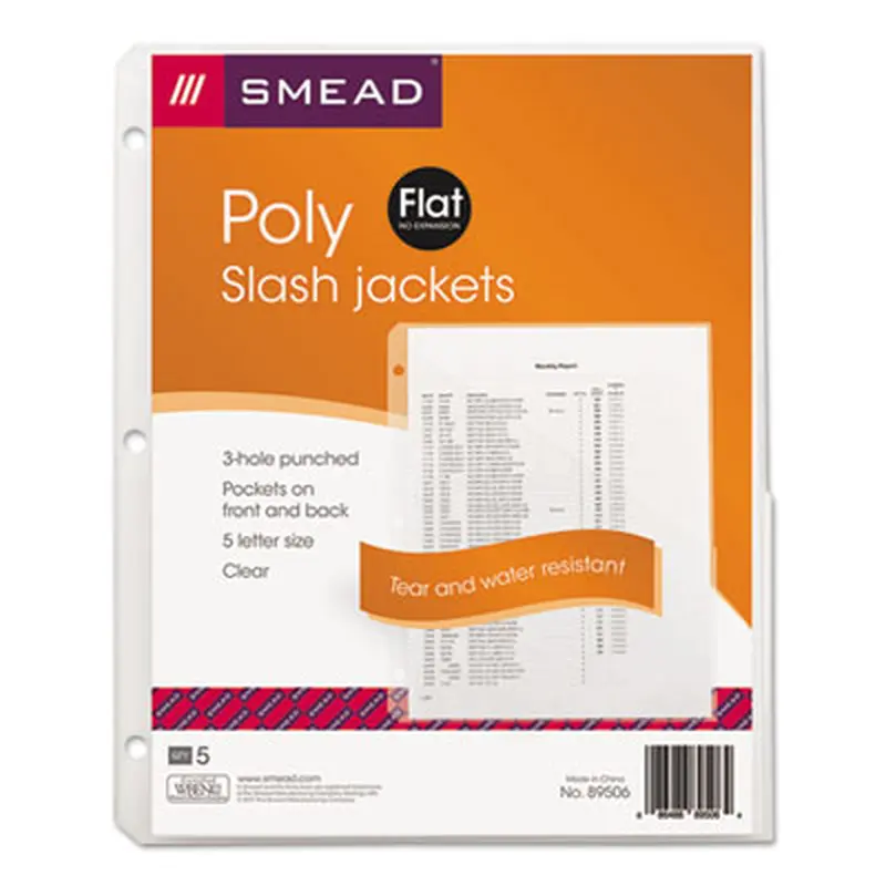 Organized Up Poly Slash Jackets, 2-Sections, Letter Size, Clear, 5/Pack - File Jackets/Sleeves/Wallets | Smead