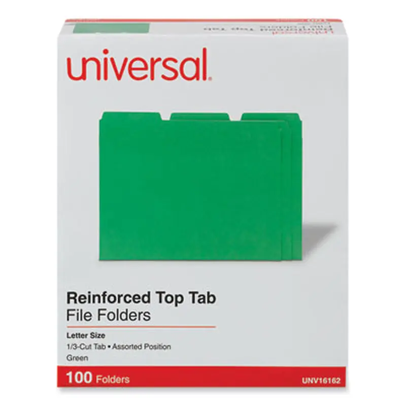 Reinforced Top-Tab File Folders, 1/3-Cut Tabs: Assorted, Letter Size, 1" Expansion, Green, 100/Box - File Folders | Universal