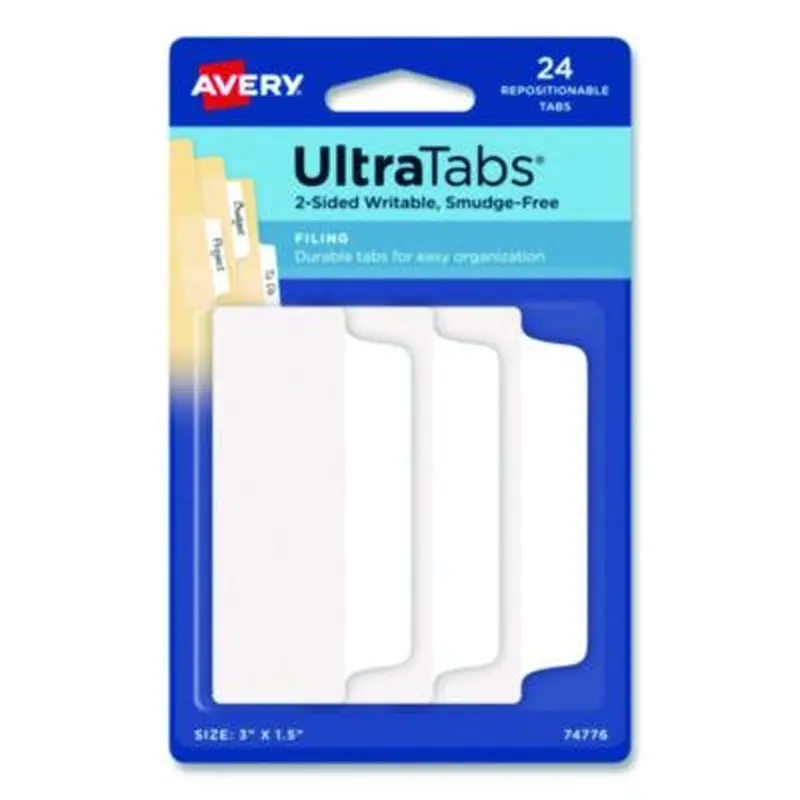 Ultra Tabs Repositionable Tabs, Wide and Slim: 3" x 1.5", 1/3-Cut, White, 24/Pack - File Inserts/Tabs | Avery