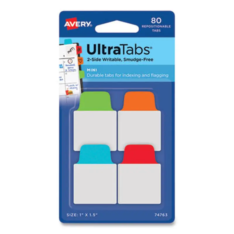 Ultra Tabs Repositionable Tabs, Mini Tabs: 1" x 1.5", 1/5-Cut, Assorted Colors, 80/Pack - File Inserts/Tabs | Avery