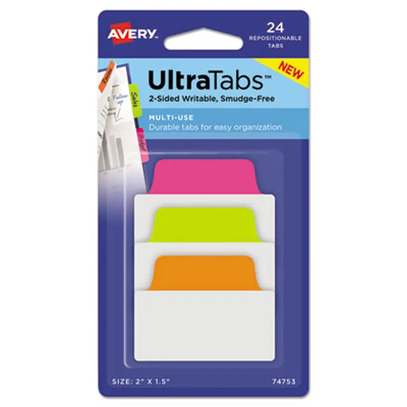 Ultra Tabs Repositionable Tabs, Standard: 2" x 1.5", 1/5-Cut, Assorted Neon Colors, 24/Pack - File Inserts/Tabs | Avery