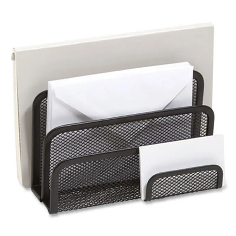 Wire Mesh Mail Sorter with Business Card Holder, 4 Sections, #6 1/4 to #16 Envelopes, 5.59 x 3.93 x 7.55, Matte Black - Desktop File Folder Sorters | TRU RED