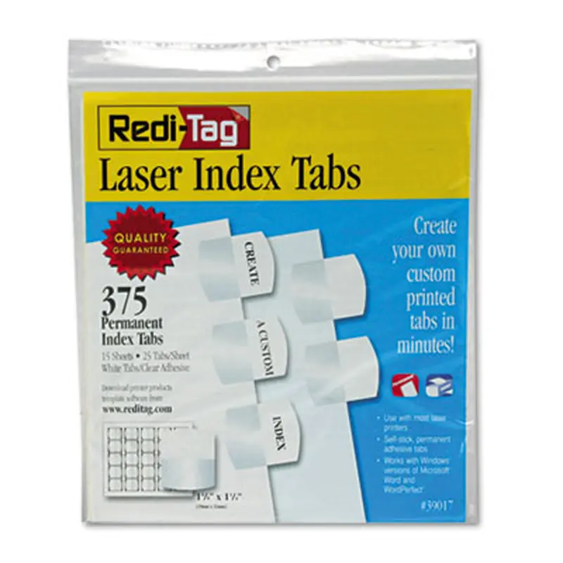 Laser Printable Index Tabs, 1/5-Cut, White, 1.13" Wide, 375/Pack - File Inserts/Tabs | Redi-Tag