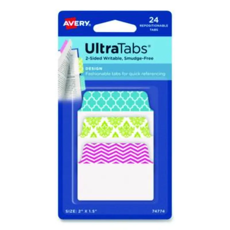 Ultra Tabs Repositionable Tabs, Fashion Patterns: 2" x 1.5", 1/5-Cut, Assorted Colors, 24/Pack - File Inserts/Tabs | Avery