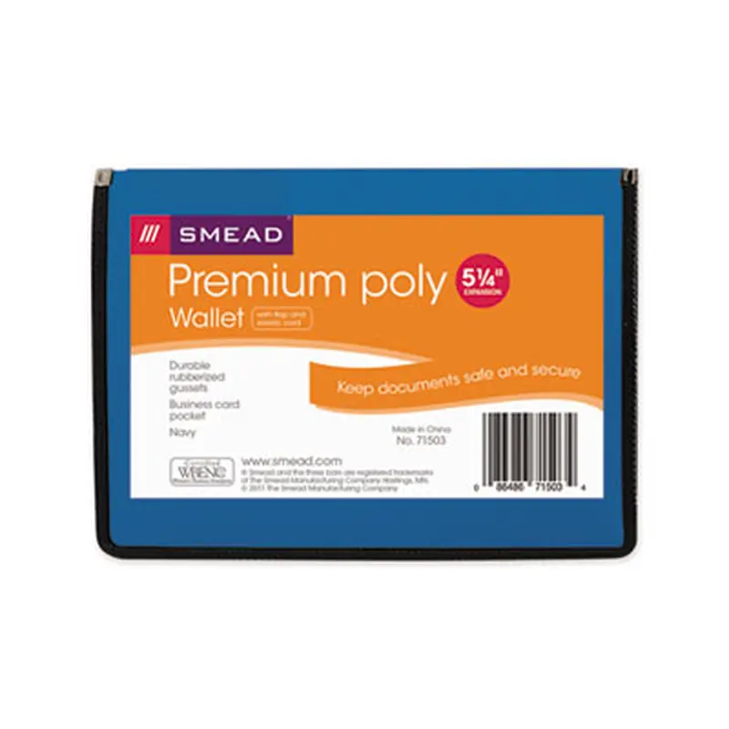 Poly Premium Wallets, 5.25" Expansion, 1 Section, Elastic Cord Closure, Letter Size, Navy Blue - File Jackets/Sleeves/Wallets | Smead