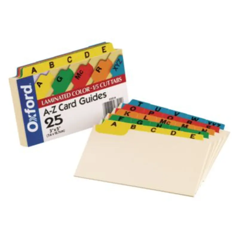 Manila Index Card Guides with Laminated Tabs, 1/5-Cut Top Tab, A to Z, 3 x 5, Manila, 25/Set - File Guides | Oxford