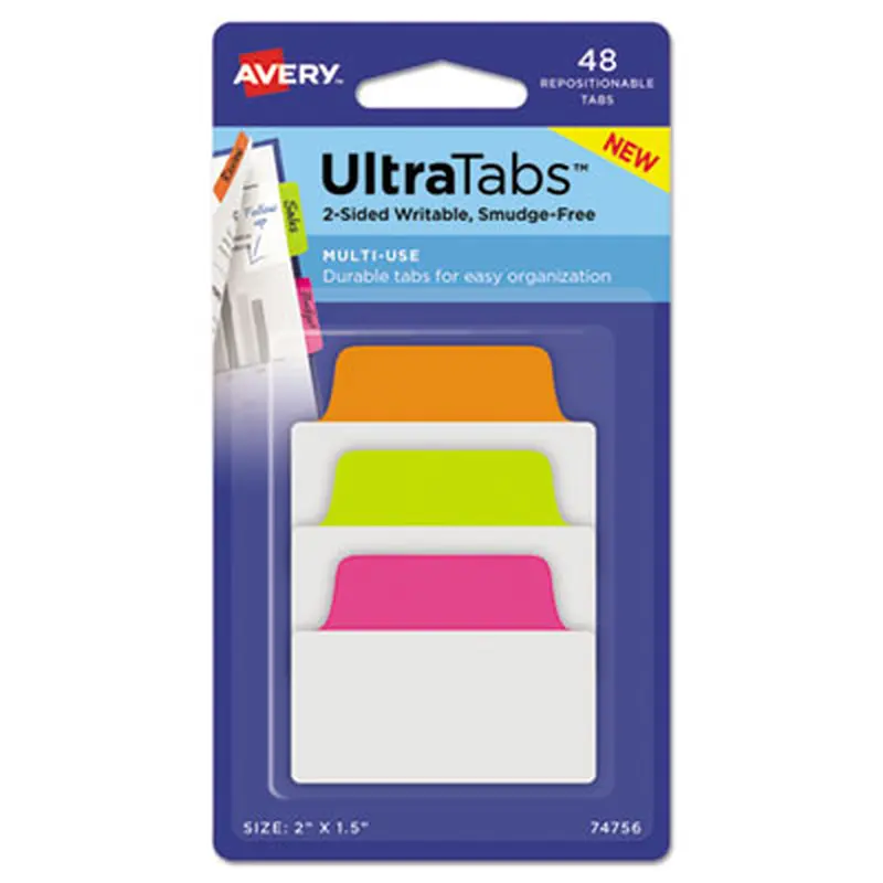 Ultra Tabs Repositionable Tabs, Standard: 2" x 1.5", 1/5-Cut, Assorted Neon Colors, 48/Pack - File Inserts/Tabs | Avery