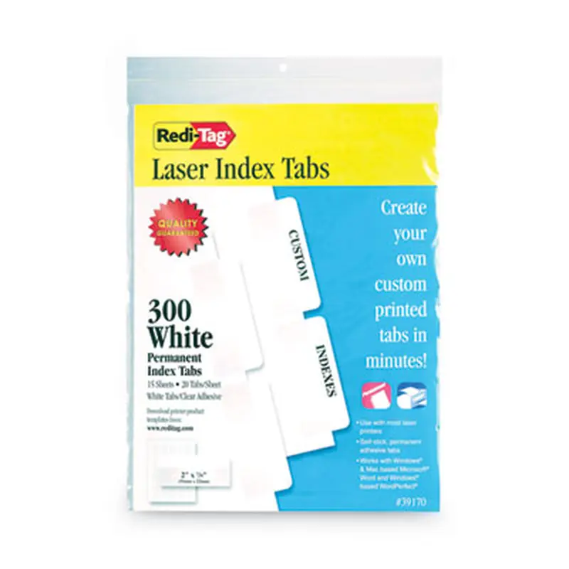 Laser Printable Index Tabs, 1/5-Cut, White, 2" Wide, 300/Pack - File Inserts/Tabs | Redi-Tag