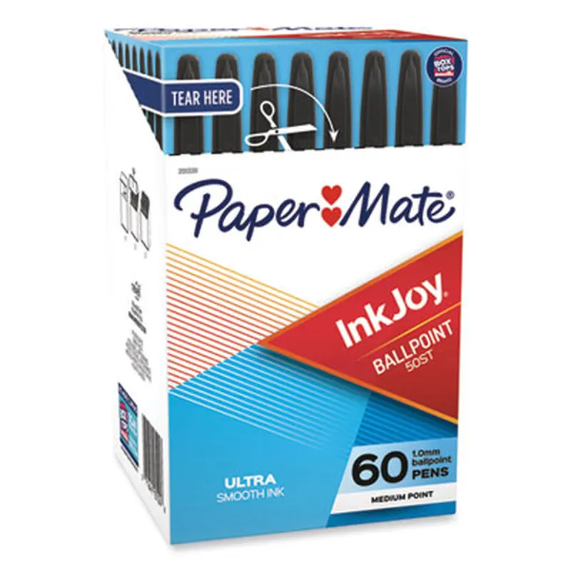 InkJoy 50ST Ballpoint Pen, Stick, Medium 1 mm, Black Ink, Clear Barrel, 60/Pack - Pens | Paper Mate