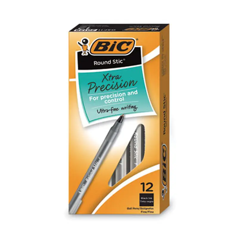 Round Stic Xtra Precision Ballpoint Pen, Stick, Fine 0.8 mm, Black Ink, Smoke Barrel, Dozen - Pens | BIC
