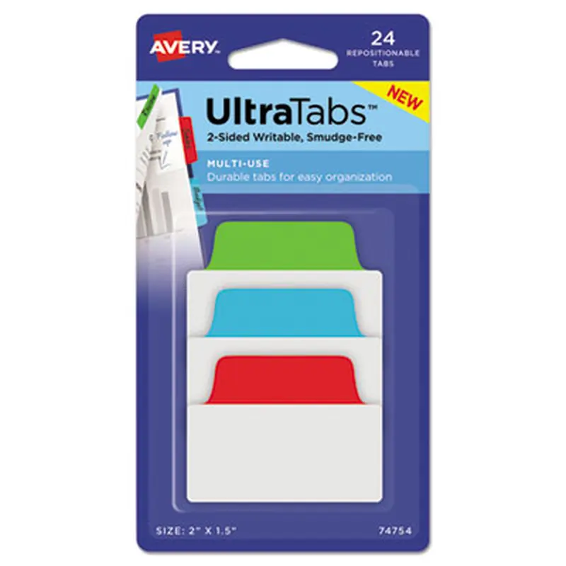 Ultra Tabs Repositionable Tabs, Standard: 2" x 1.5", 1/5-Cut, Assorted Colors (Blue, Green and Red), 24/Pack - File Inserts/Tabs | Avery