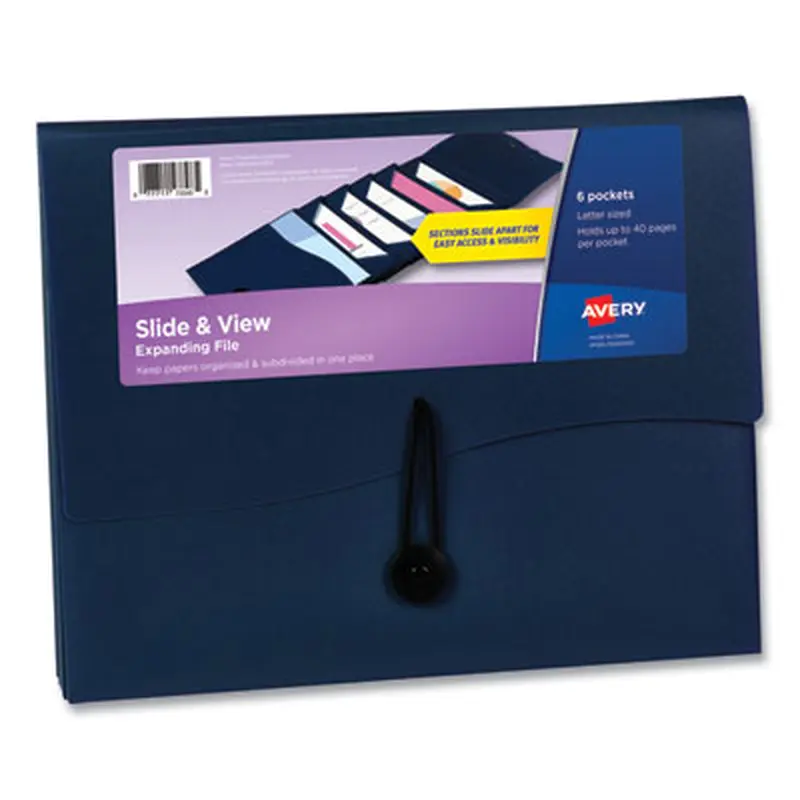 Slide and View Expanding File, 6 Sections, Hook/Loop Closure, Letter Size, Navy Blue - File Jackets/Sleeves/Wallets | Avery