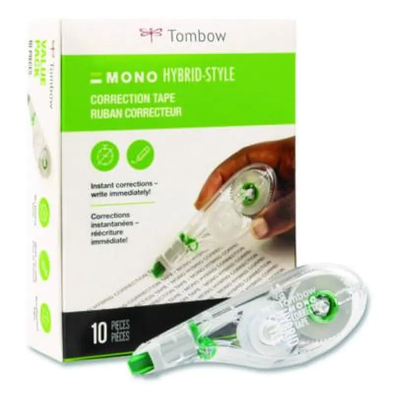 MONO Hybrid Correction Tape Value Pack, Non-Refillable, 0.17" x 32.83 ft, White Tape, Clear/Green Dispenser, 10/Pack - Correction Tapes | Tombow