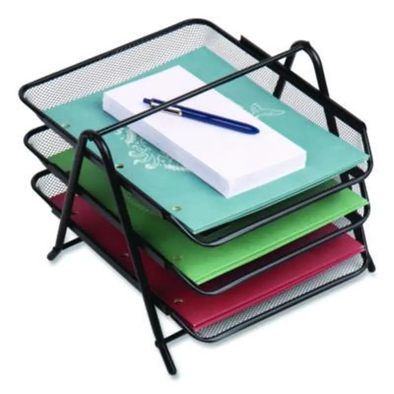 Tiered Metal Mesh Desk Tray Organizer, 3-Tier, Letter Size, 11.5 x 13.75 x 10, Black - Desktop Document Racks & Sorters | Mind Reader