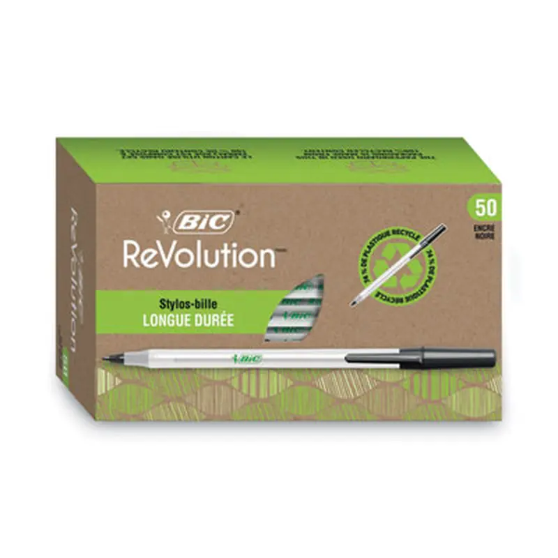 Ecolutions Round Stic Ballpoint Pen Value Pack, Stick, Medium 1 mm, Black Ink, Clear Barrel, 50/Pack - Pens | BIC