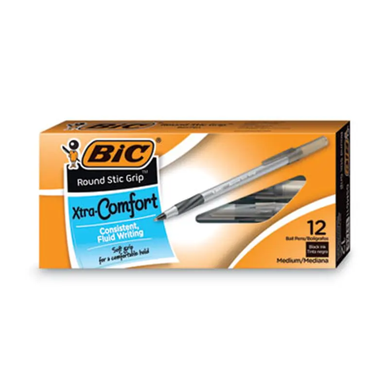 Round Stic Grip Xtra Comfort Ballpoint Pen, Easy-Glide System, Stick, Medium 1.2 mm, Black Ink, Gray/Black Barrel, Dozen - Pens | BIC