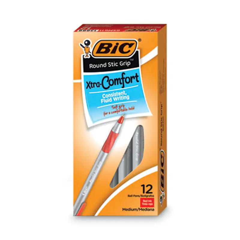 Round Stic Grip Xtra Comfort Ballpoint Pen, Easy-Glide System, Stick, Medium 1.2 mm, Red Ink, Gray/Red Barrel, Dozen - Pens | BIC