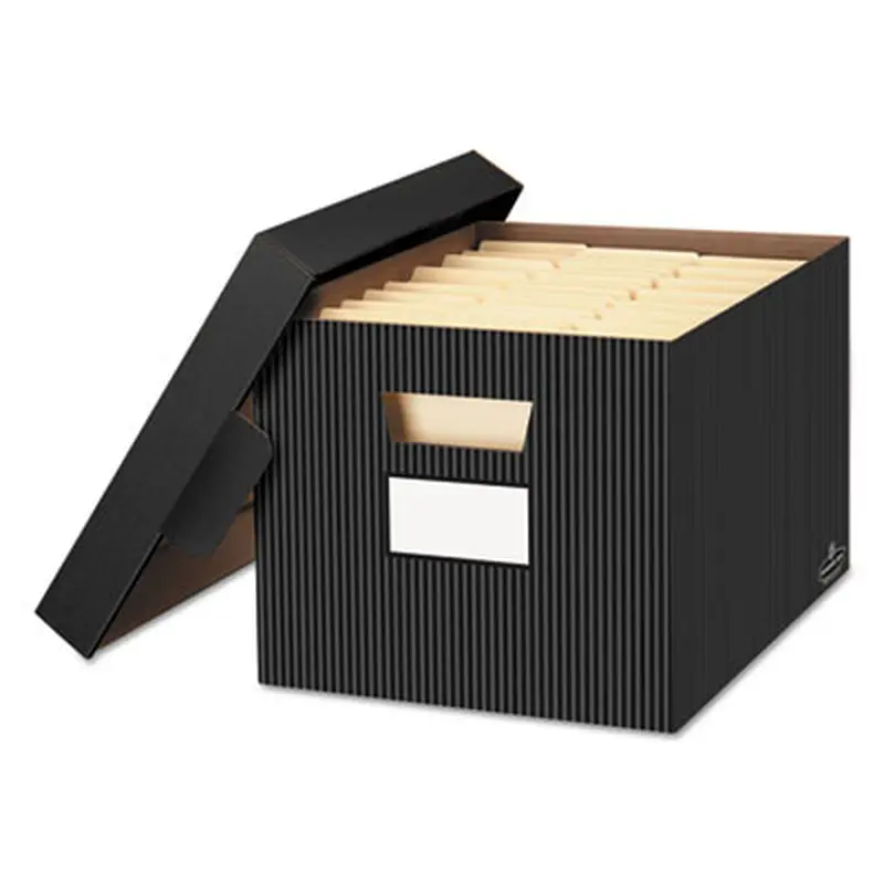STOR/FILE Decorative Medium-Duty Storage Box, Letter/Legal Files, 12.5" x 16.25" x 10.25", Black/Gray Pinstripe Design, 4/CT - File Boxes | Bankers Box