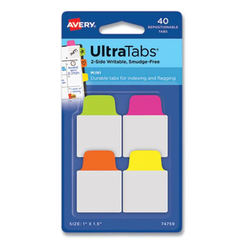Ultra Tabs Repositionable Tabs, Mini Tabs: 1" x 1.5", 1/5-Cut, Assorted Neon Colors, 40/Pack - File Inserts/Tabs | Avery