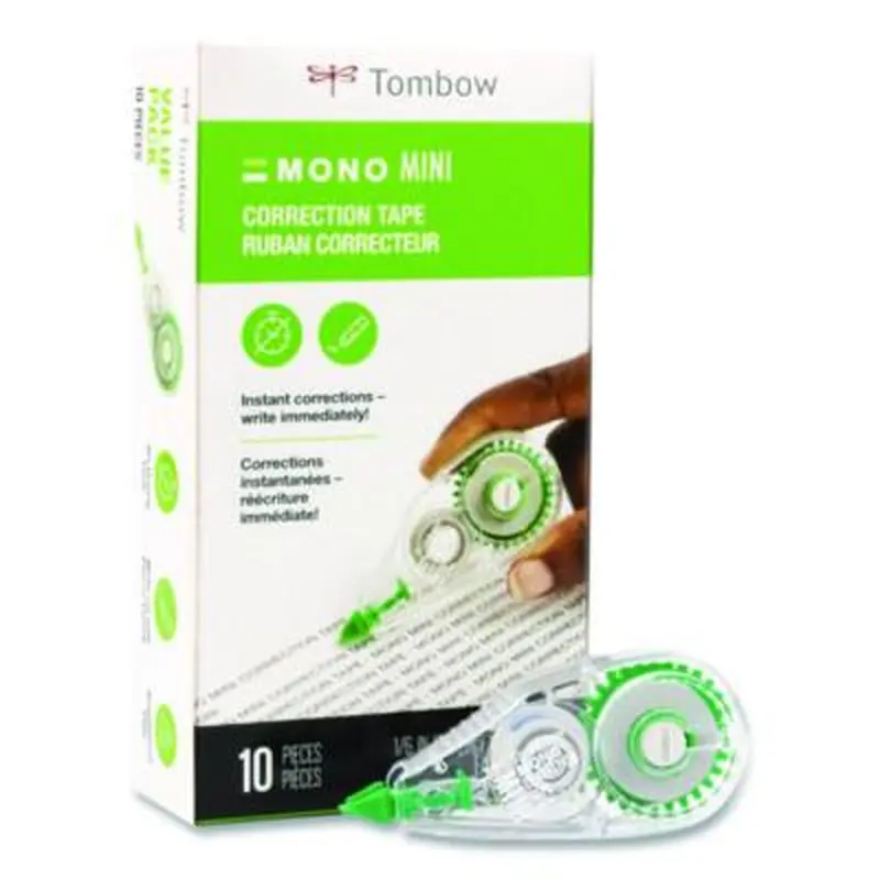 MONO Mini Correction Tape Value Pack, Non-Refillable, 0.17" x 26.25 ft, White Tape, Clear/Green Dispenser, 10/Pack - Correction Tapes | Tombow