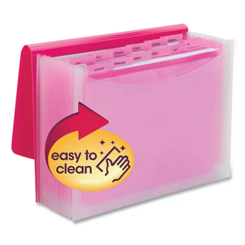 Poly Expanding Folders, 12 Sections, Cord/Hook Closure, 1/6-Cut Tabs, Letter Size, Pink/Clear - File Jackets/Sleeves/Wallets | Smead