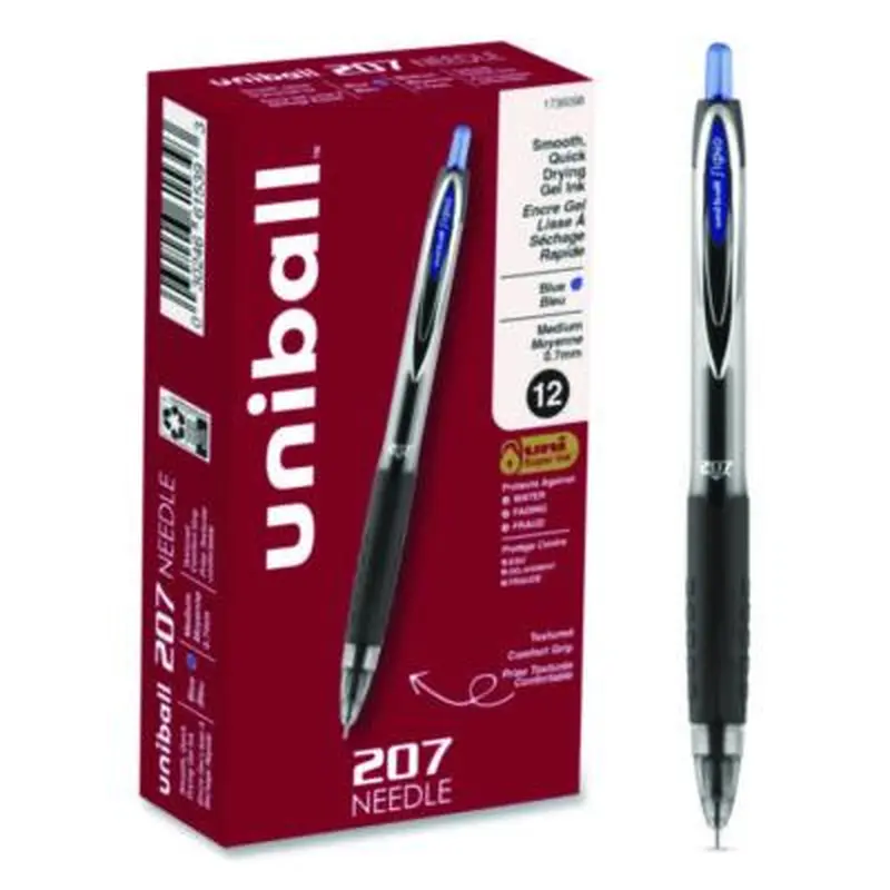 Signo 207 Needle Point Gel Pen, Retractable, Medium 0.7 mm, Blue Ink, Clear/Black/Blue Barrel, Dozen - Pens | uniball