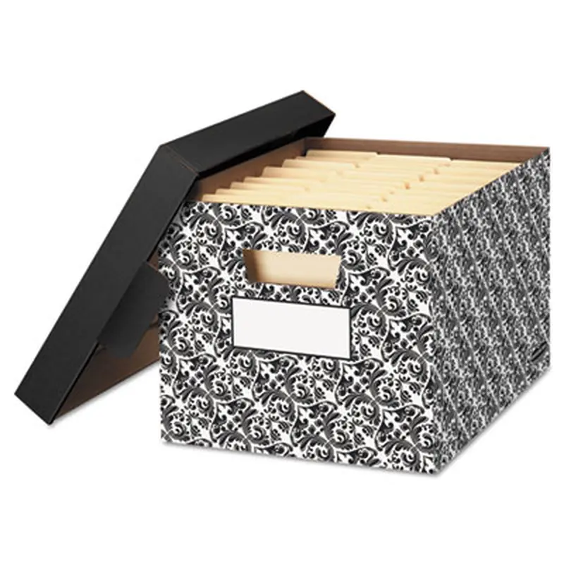 STOR/FILE Decorative Medium-Duty Storage Box, Letter/Legal Files, 12.5" x 16.25" x 10.5", Black/White Brocade Design, 4/CT - File Boxes | Bankers Box