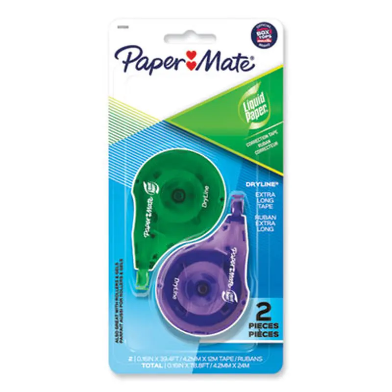 DryLine Correction Tape, Non-Refillable, 0.17" x 39.33 ft, White Tape, Assorted Dispenser Colors, 2/Pack - Correction Tapes | Paper Mate Liquid Paper