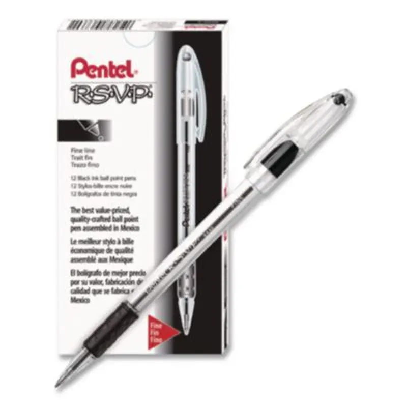 R.S.V.P. Ballpoint Pen, Stick, Fine 0.7 mm, Black Ink, Clear/Black Barrel, Dozen - Pens | Pentel