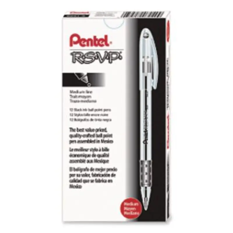 R.S.V.P. Ballpoint Pen, Stick, Medium 1 mm, Black Ink, Clear/Black Barrel, Dozen - Pens | Pentel