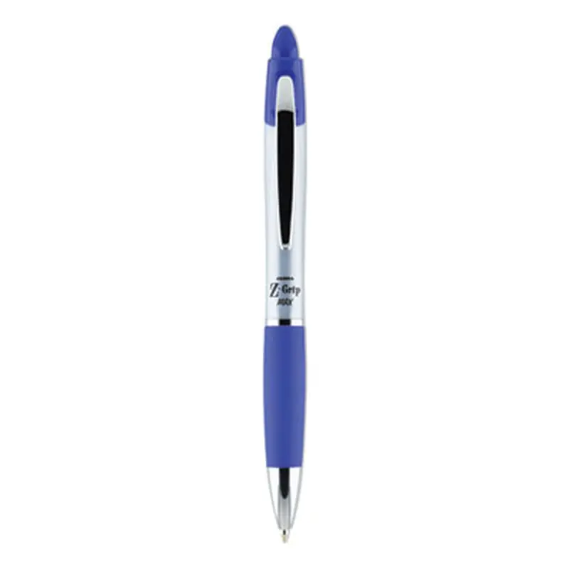 Z-Grip MAX Ballpoint Pen, Retractable, Medium 1 mm, Blue Ink, Silver/Blue Barrel, 12/Pack - Pens | Zebra