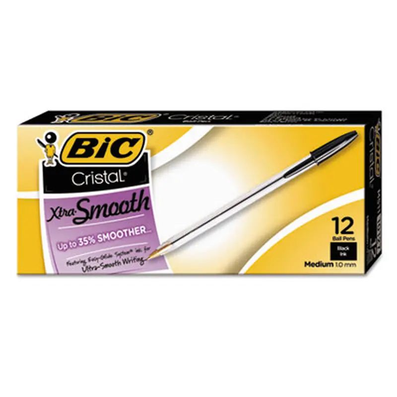 Cristal Xtra Smooth Ballpoint Pen, Stick, Medium 1 mm, Black Ink, Clear Barrel, Dozen - Pens | BIC