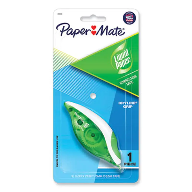 DryLine Grip Correction Tape, Non-Refillable, 0.2" x 27.92 ft, White Tape, Translucent Green/White Dispenser - Correction Tapes | Paper Mate Liquid Paper