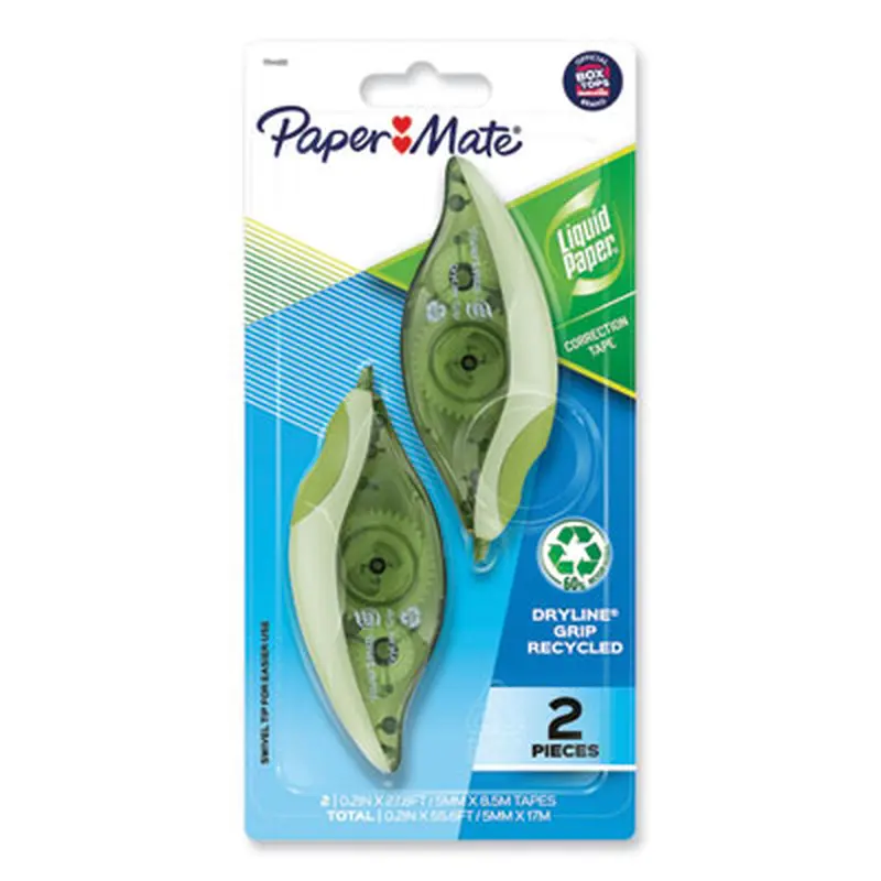 DryLine Grip Correction Tape with Recycled Dispenser, Non-Refillable, 0.2" x 27.92 ft, Translucent Green Dispenser, 2/Pack - Correction Tapes | Paper Mate Liquid Paper