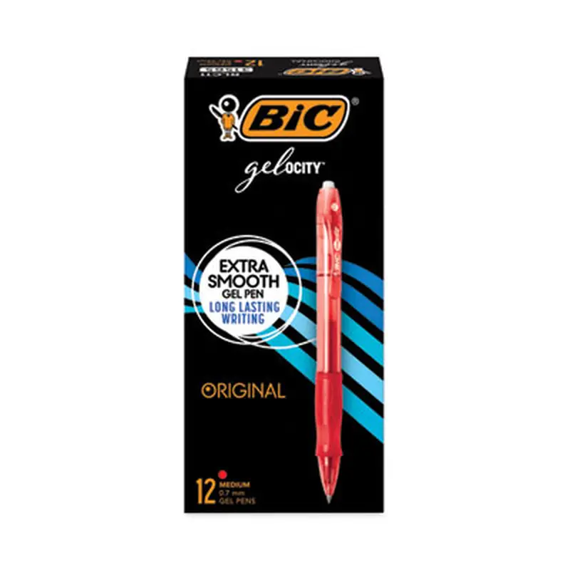Gel-ocity Gel Pen, Retractable, Medium 0.7 mm, Red Ink, Translucent Red Barrel, Dozen - Pens | BIC