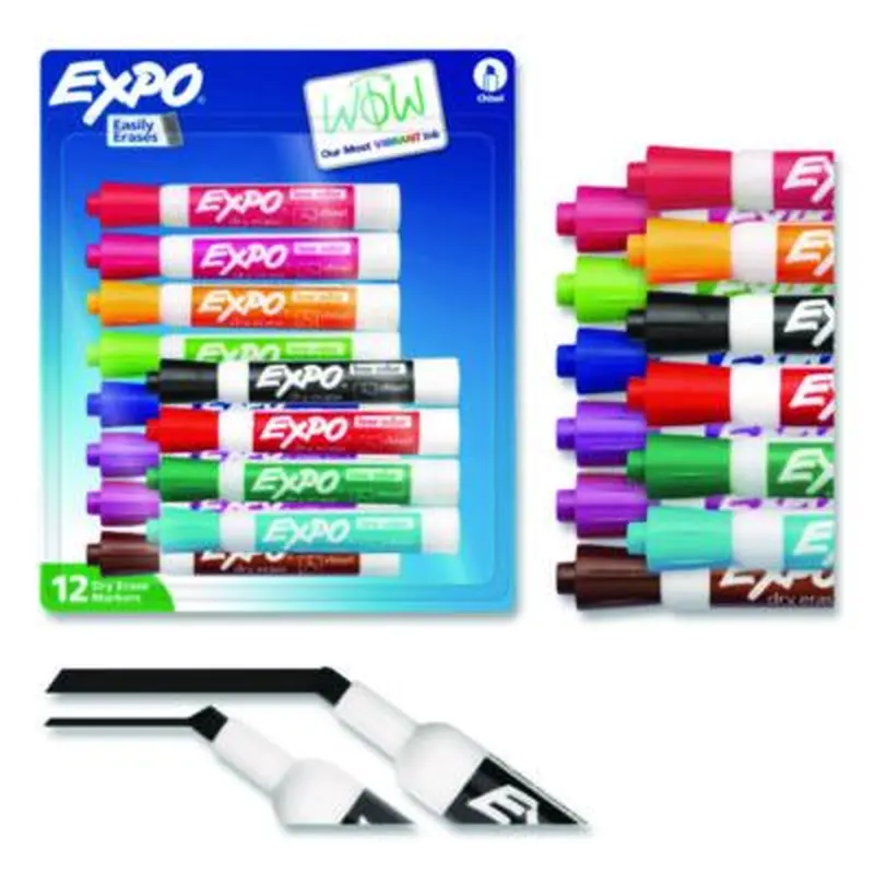 Low Odor Dry Erase Vibrant Color Markers, Broad Chisel Tip, Assorted Colors, 12/Set - Board Markers | EXPO