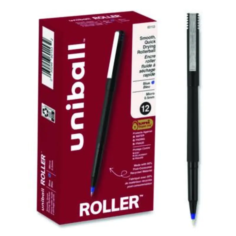Rollerball Pen, Stick, Extra-Fine 0.5 mm, Blue Ink, Black/Blue Barrel, Dozen - Pens | uniball
