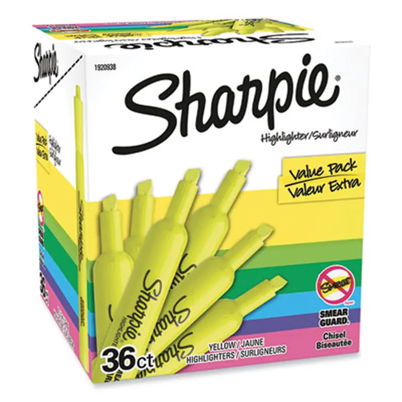 Tank Style Highlighter Value Pack, Fluorescent Yellow Ink, Chisel Tip, Yellow Barrel, 36/Box - Highlighters | Sharpie