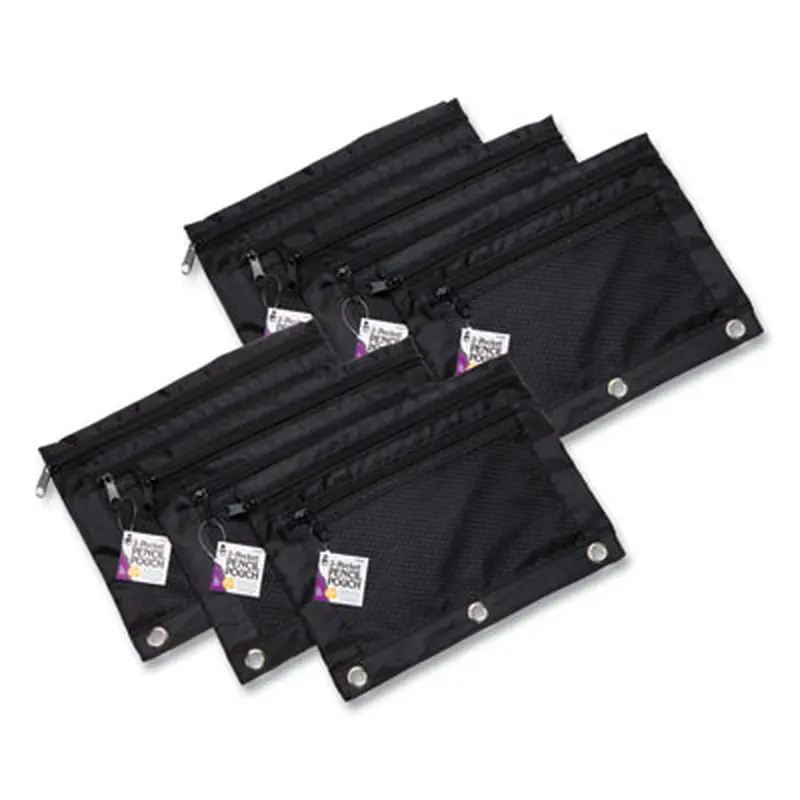 Two-Pocket Binder-Insertable Pencil Pouch with Mesh Front, 2 Compartments, 3-Hole Punched, 11" x 9", Black, 6/Pack - Pencil Pouches & Boxes | Charles Leonard