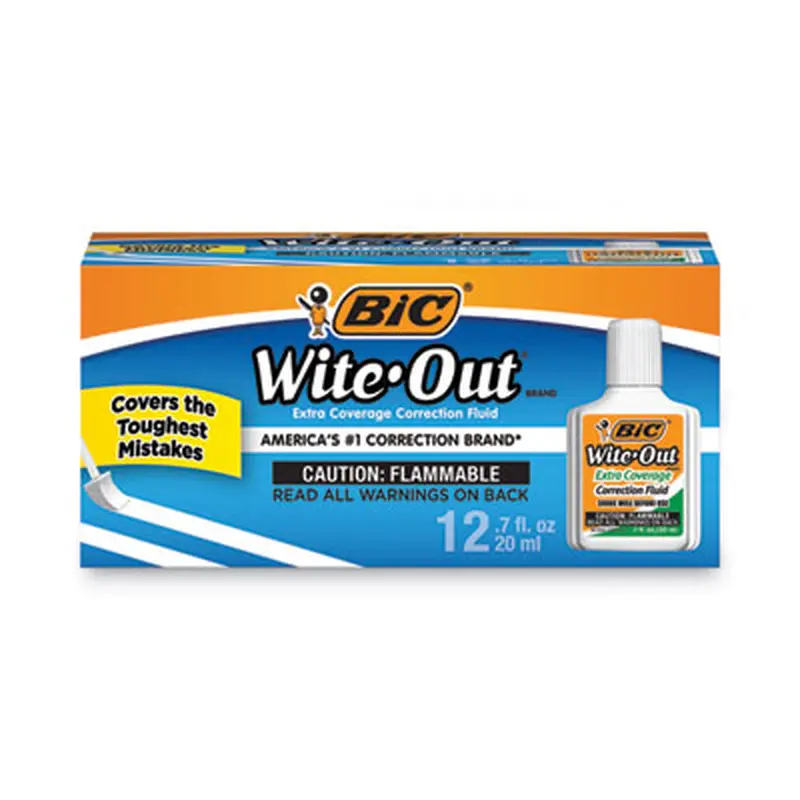 Wite-Out Extra Coverage Correction Fluid Value Pack, Foam Brush Tip Applicator, 0.68 oz Bottle, White, Dozen - Correction Liquid | BIC