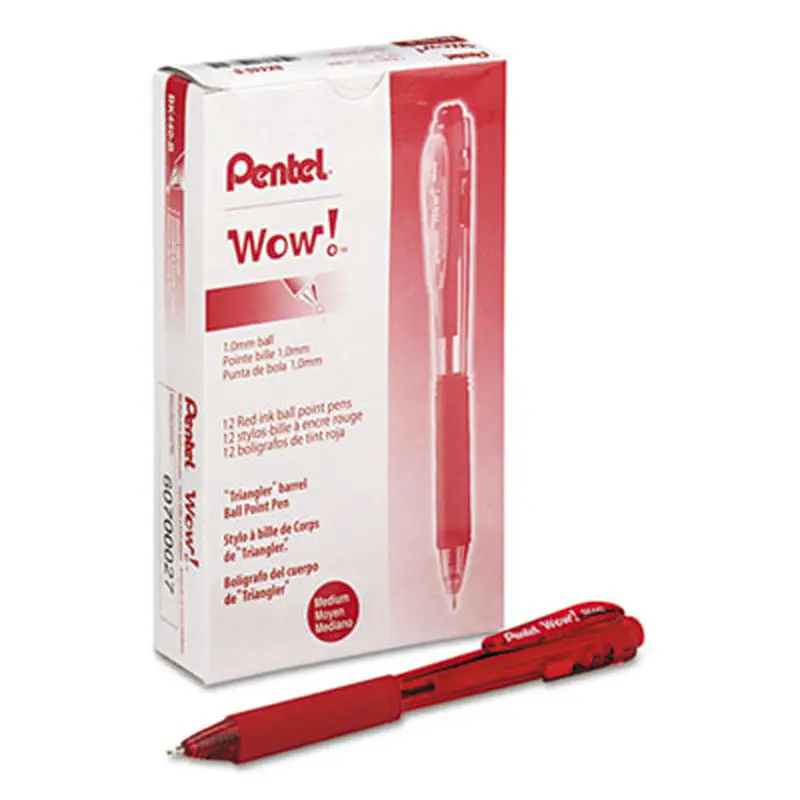 WOW! Ballpoint Pen, Retractable, Medium 1 mm, Red Ink, Translucent Red/Red Barrel, Dozen - Pens | Pentel