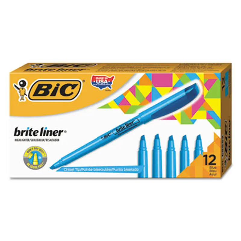 Brite Liner Highlighter, Fluorescent Blue Ink, Chisel Tip, Blue/Black Barrel, Dozen - Highlighters | BIC